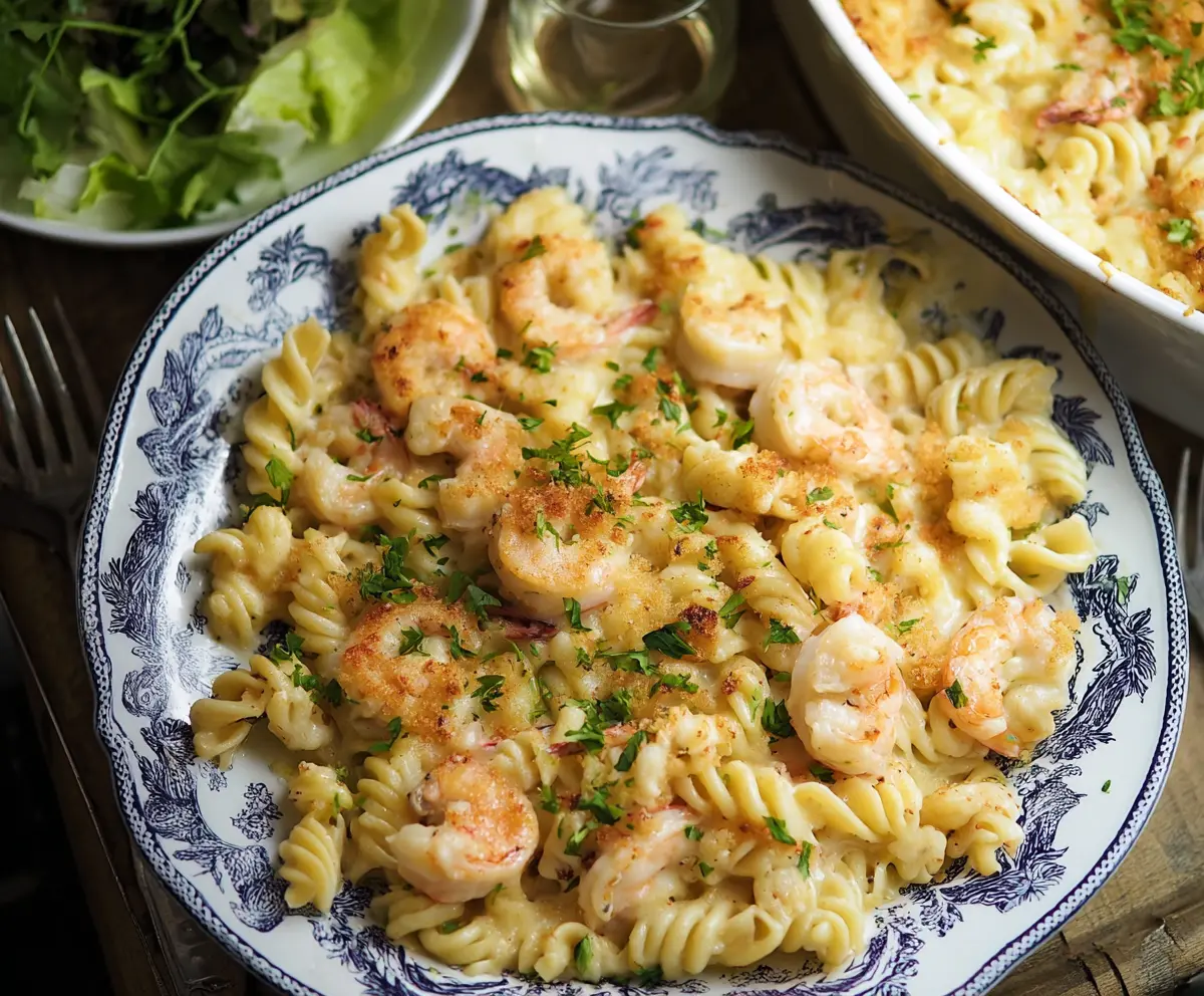 Creamy Shrimp Alfredo Pasta Bake with golden cheese topping, perfect for a comforting dinner.