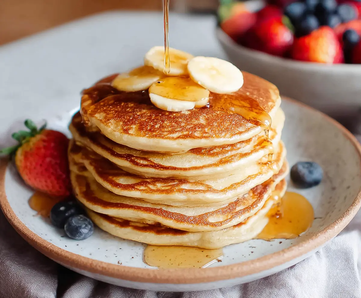 Delicious sourdough discard pancakes served on a white plate with fresh berries and syrup.