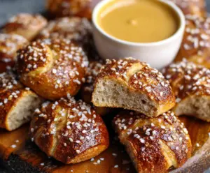 Delicious homemade sourdough discard pretzel bites on a rustic wooden table.