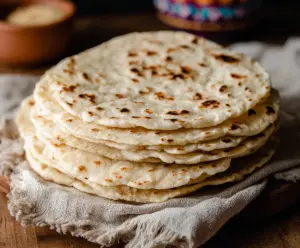 Homemade sourdough discard tortillas on a rustic wooden surface, showcasing their golden-brown color and soft texture.