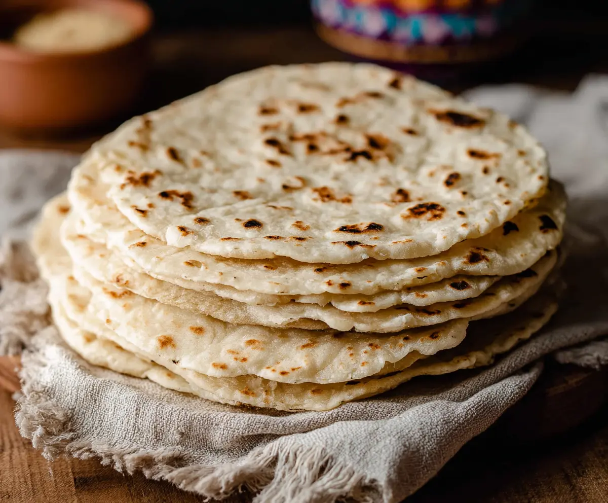 Homemade sourdough discard tortillas on a rustic wooden surface, showcasing their golden-brown color and soft texture.