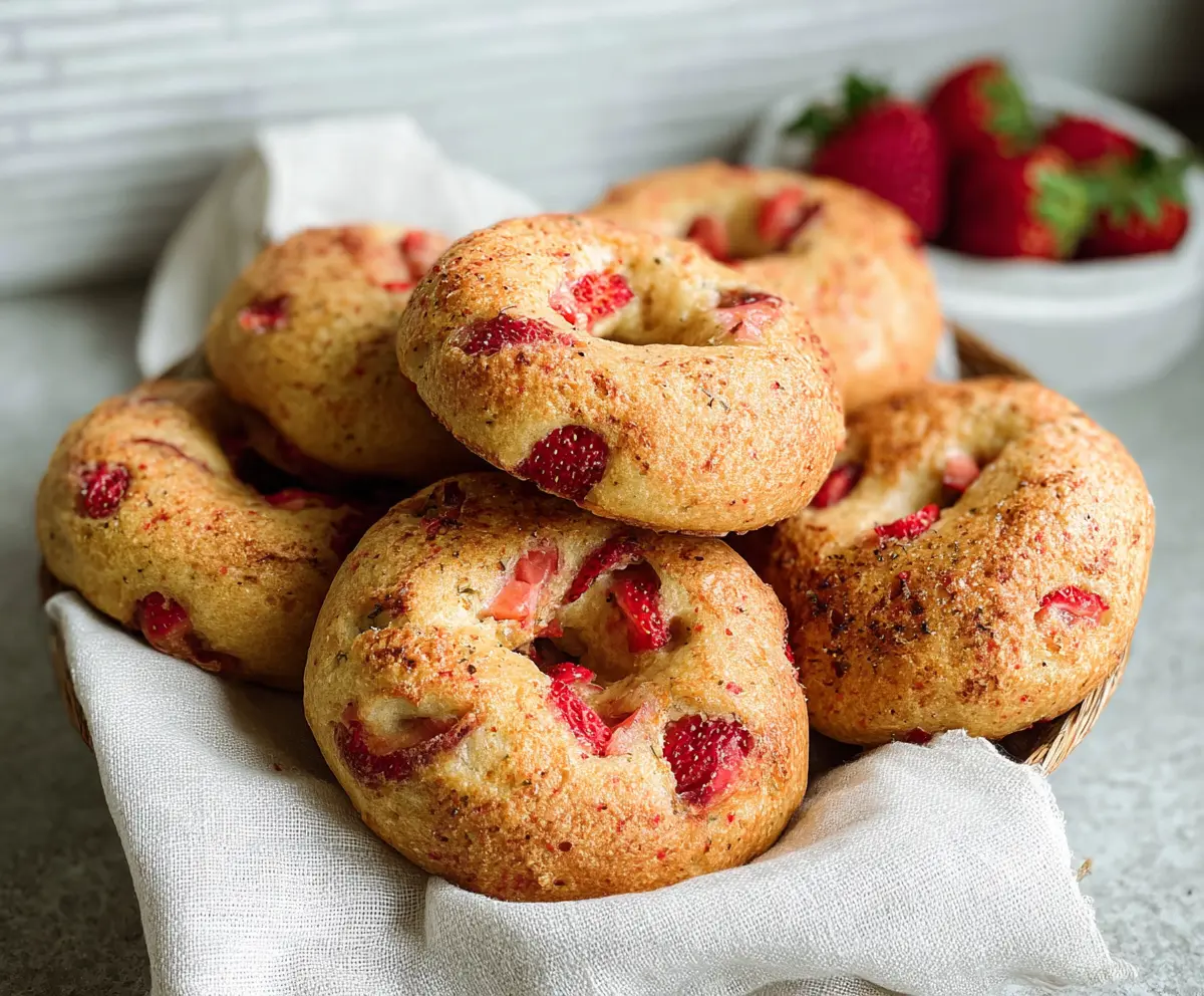 Delicious homemade strawberry bagels with fresh strawberry slices on top.