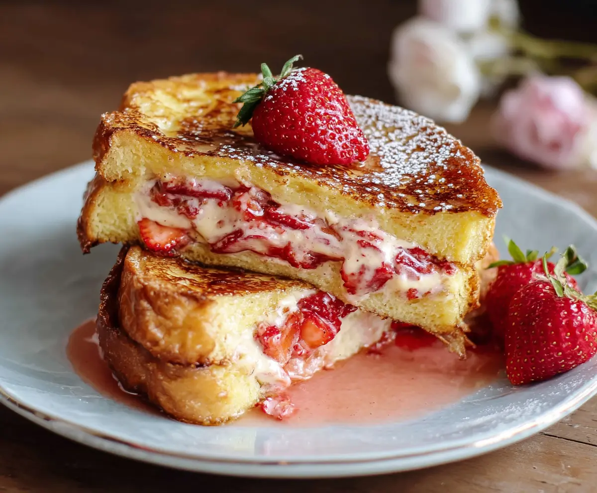 Delicious strawberry French toast topped with fresh strawberries and powdered sugar.