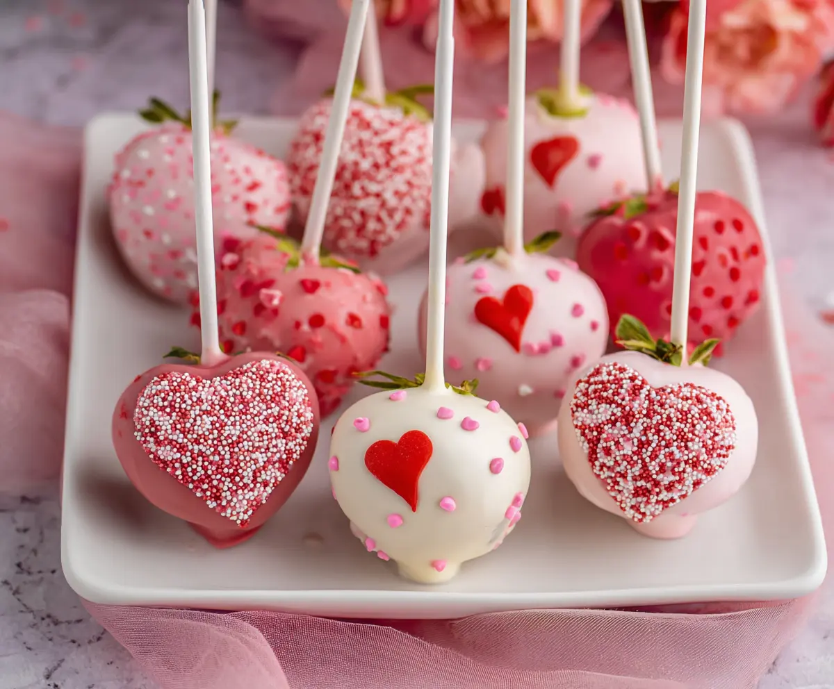 Delicious strawberry heart cake pops decorated with pink and white icing for a romantic dessert.
