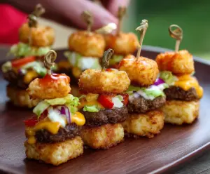 Delicious Tater Tot Mini Cheeseburger Bites served on a plate, featuring melted cheese and savory beef topping.