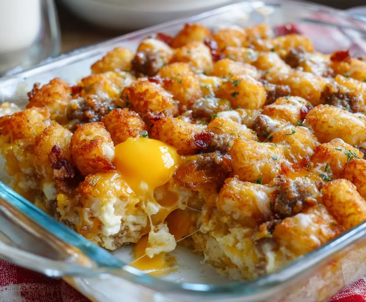 Delicious Tater Tot Sausage Breakfast Casserole topped with melted cheese and fresh herbs.