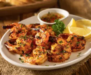 Delicious grilled shrimp served at Texas Roadhouse with lemon and herbs