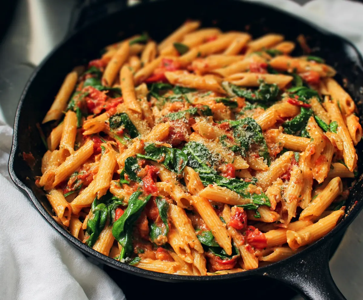 Delicious tomato spinach pasta served on a white plate, garnished with fresh herbs.