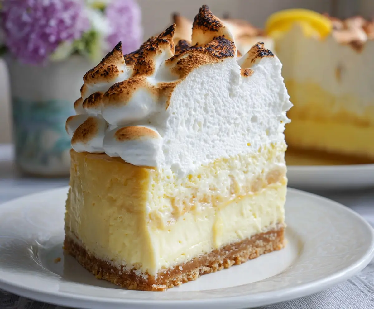 Delicious Triple Lemon Meringue Cheesecake with a crispy crust, tangy lemon filling, and fluffy toasted meringue topping