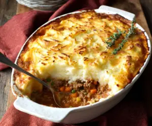 Hearty Turkey Shepherd's Pie topped with mashed potatoes and fresh herbs in a baking dish.