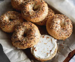 Homemade vanilla Greek yogurt bagels on a plate, perfect for breakfast or snack.