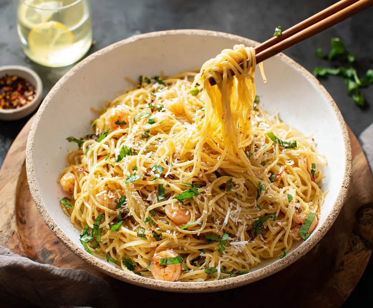 Delicious Vietnamese Garlic Noodles garnished with fresh herbs and chopped scallions.