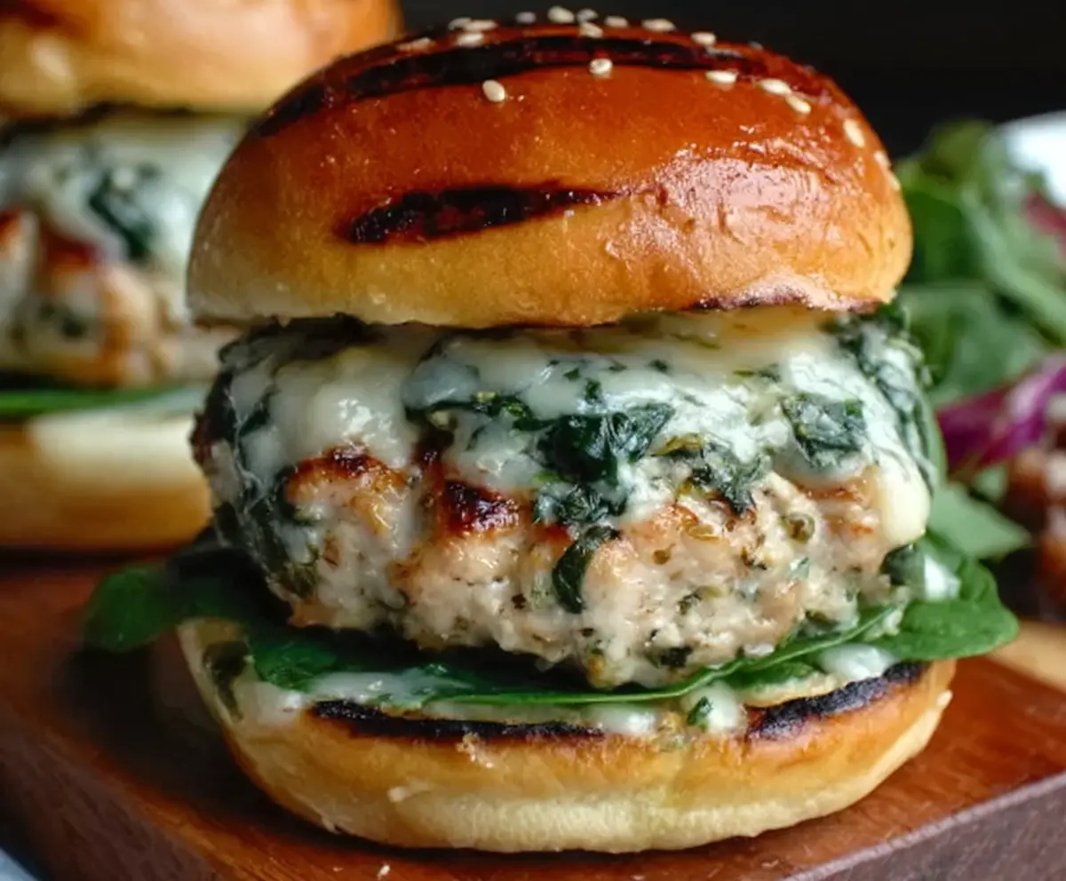 Juicy White Cheddar Spinach Chicken Burgers served hot with fresh greens