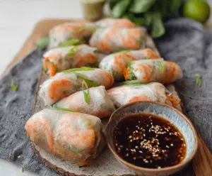Crispy air fryer shrimp rice paper rolls served with fresh herbs and dipping sauce