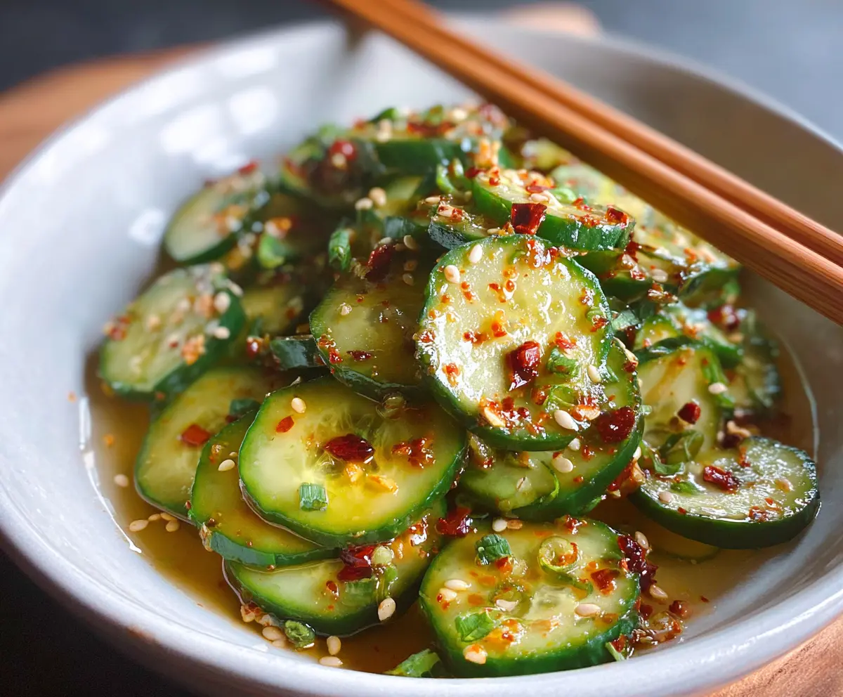 Fresh Asian cucumber salad with crunchy cucumbers and vibrant Asian herbs.
