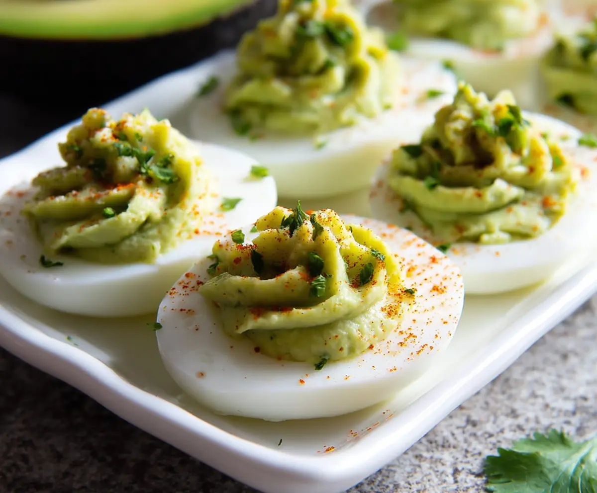 Creamy avocado deviled eggs garnished with fresh herbs, perfect for healthy snacks and parties.