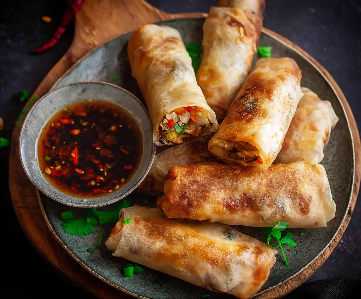Crispy baked Chinese vegetable spring rolls on a plate, served with dipping sauce.