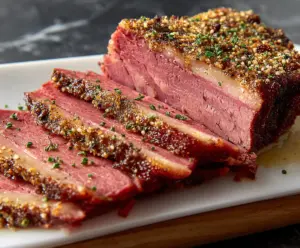 Delicious baked corned beef brisket served with crispy potatoes and vegetables.