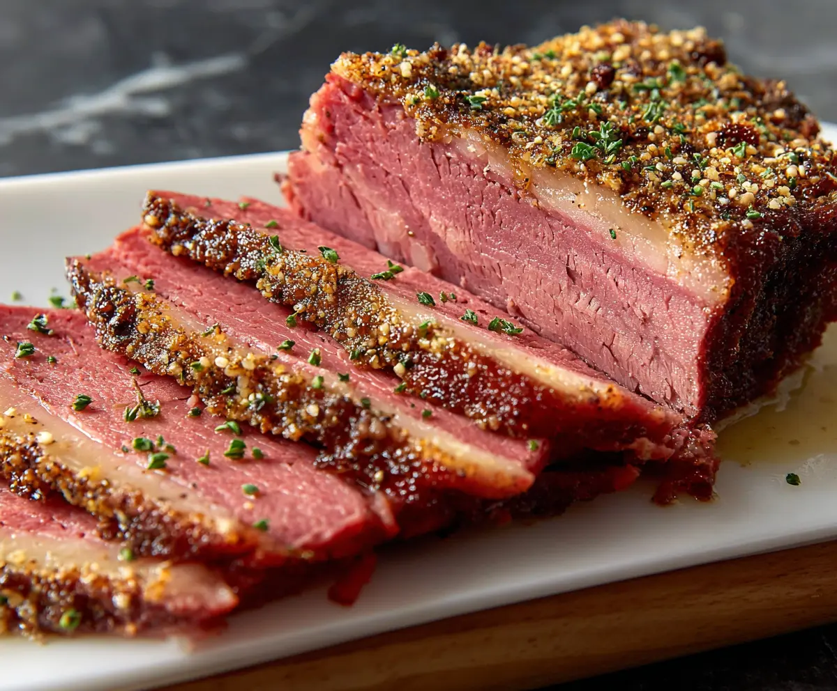 Delicious baked corned beef brisket served with crispy potatoes and vegetables.