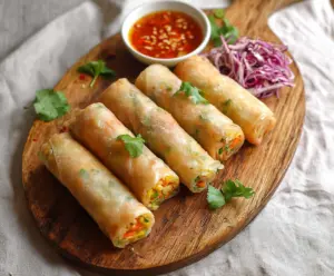Crispy Bang Bang Vegetable Spring Rolls filled with fresh vegetables on a white plate.