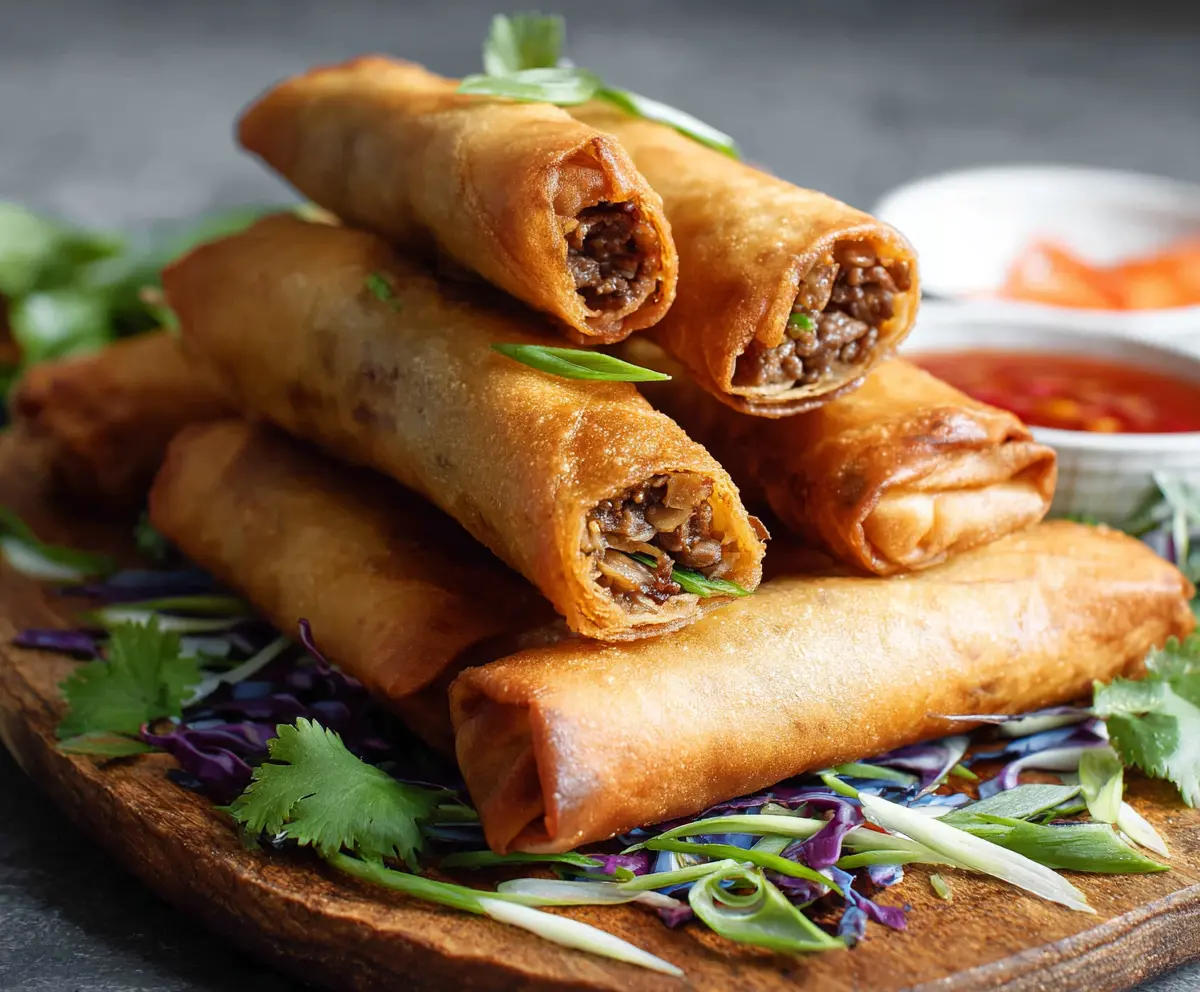 Fresh beef spring rolls wrapped in rice paper with vegetables, served as a healthy appetizer.