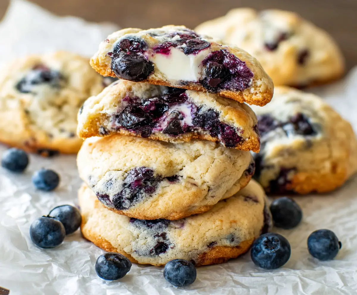 Delicious blueberry cheesecake cookies with a golden-brown top and fresh blueberries.