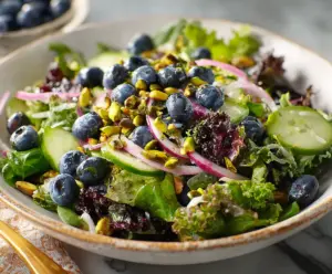 Colorful Blueberry Pistachio Crunch Salad with fresh blueberries, chopped pistachios, and a crunchy topping in a glass bowl.