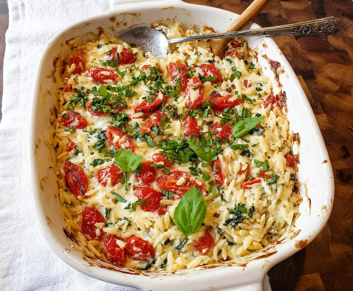 Creamy Boursin Orzo Bake in a baking dish, garnished with fresh herbs for a delicious main course.