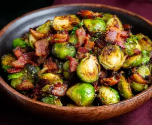 Delicious roasted Brussels sprouts with crispy bacon bits for a savory side dish