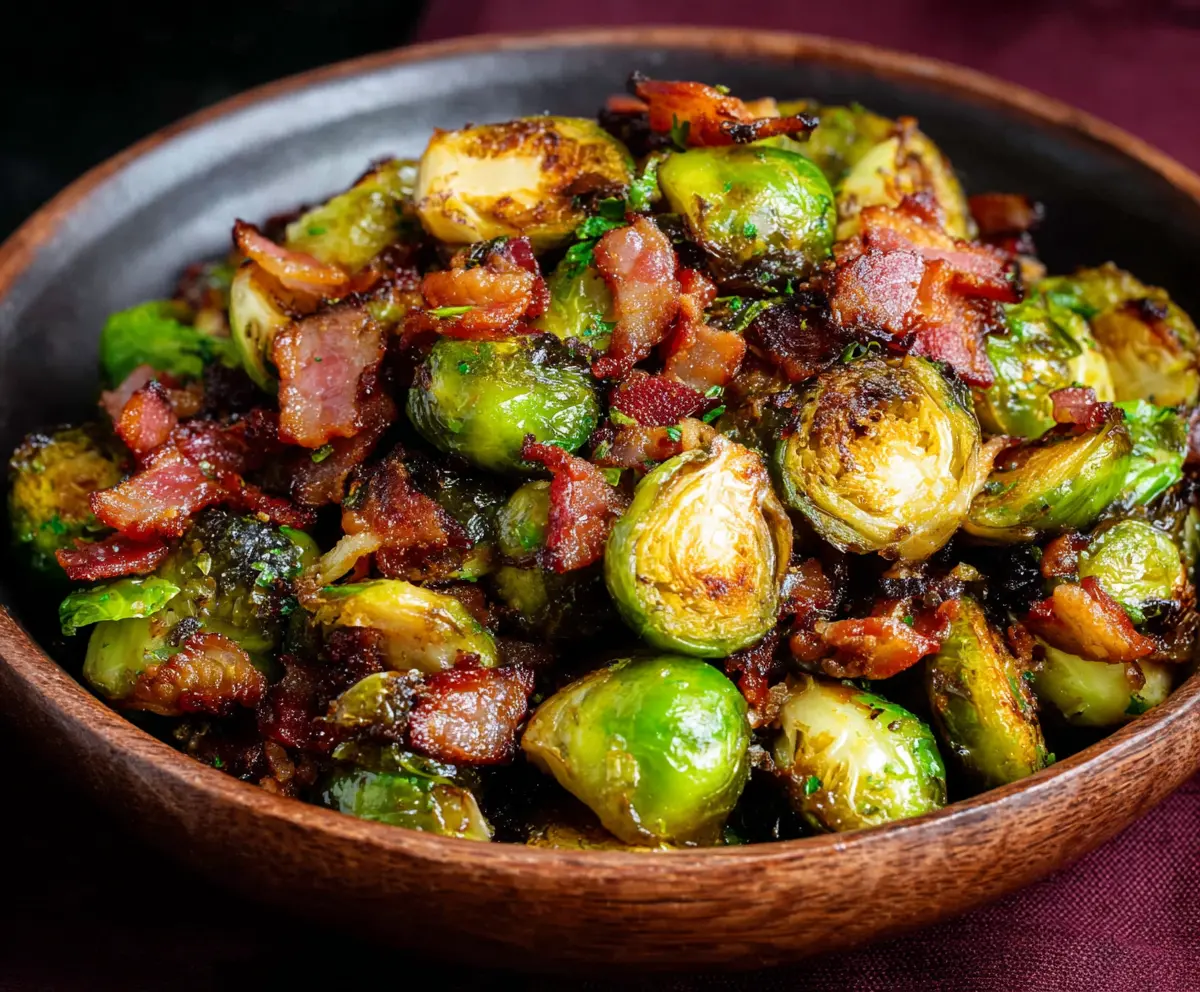 Delicious roasted Brussels sprouts with crispy bacon bits for a savory side dish