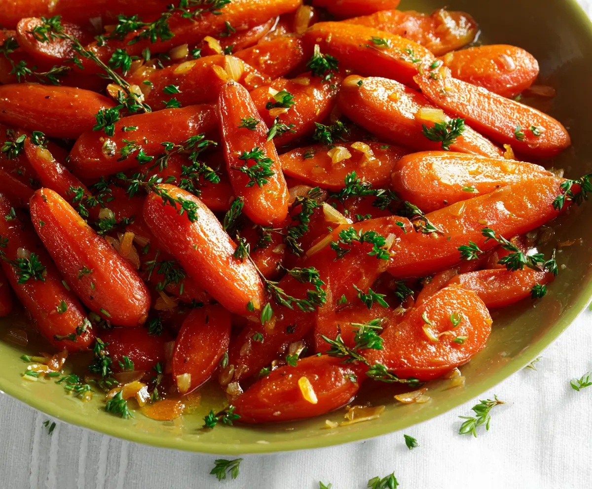 Sweet and glossy candied carrots garnished with a sprinkle of cinnamon, perfect for dessert or side dish.