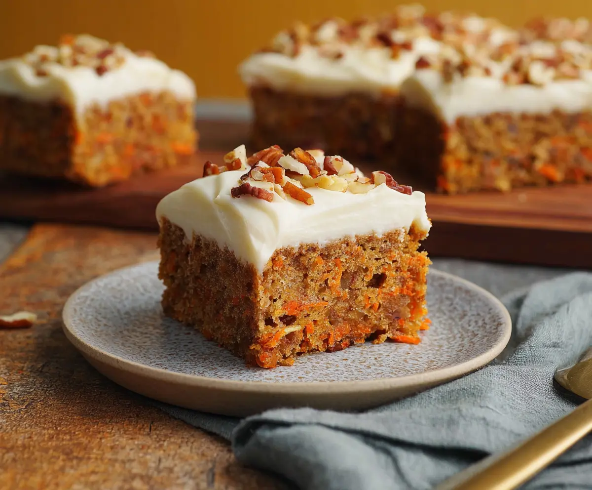 Delicious homemade carrot cake bars topped with creamy cream cheese frosting.