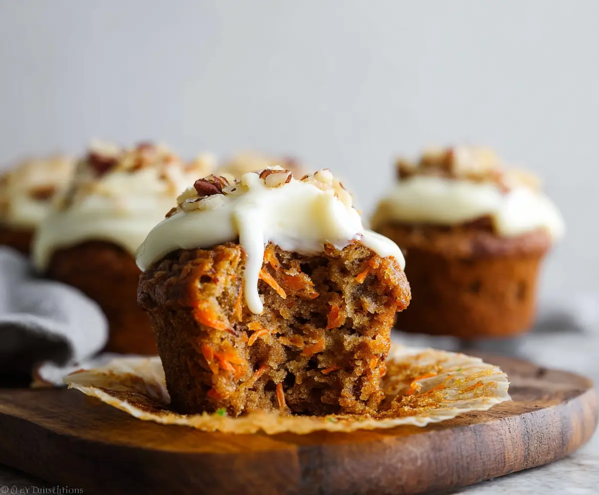 Delicious homemade carrot cake muffins with cream cheese frosting on a plate.