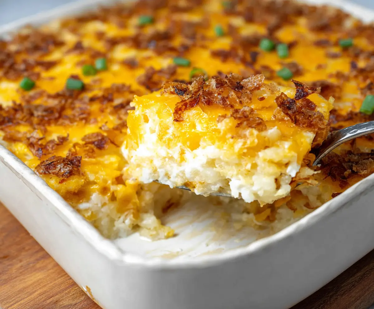 Delicious cheesy baked potato casserole topped with melted cheese and herbs, ready to serve.