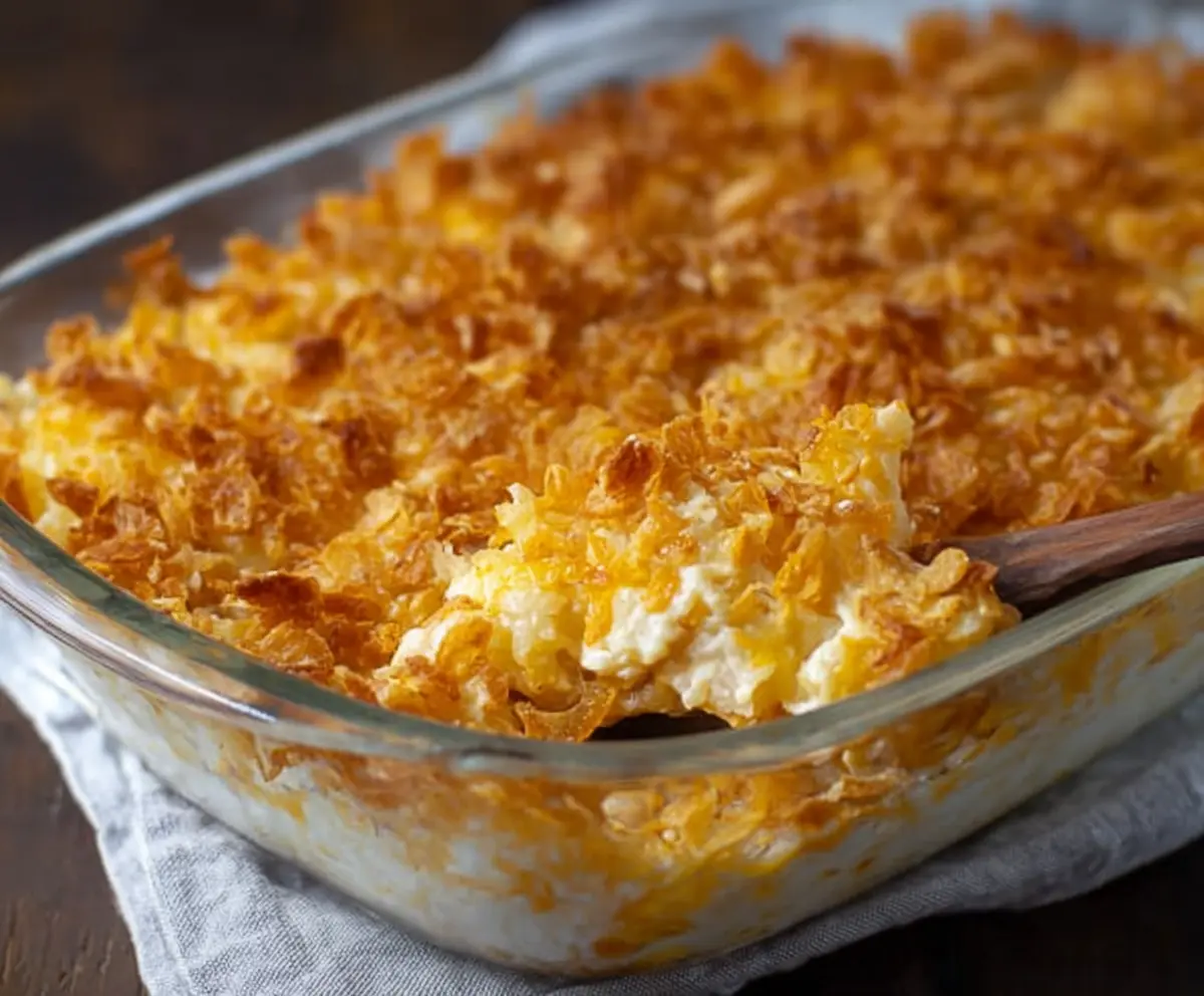 Delicious cheesy funeral potatoes topped with golden melted cheese and crispy breadcrumbs.