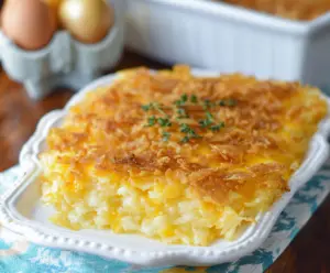 Delicious cheesy hashbrown casserole topped with melted cheese and crispy potatoes, perfect for a cozy family dinner.