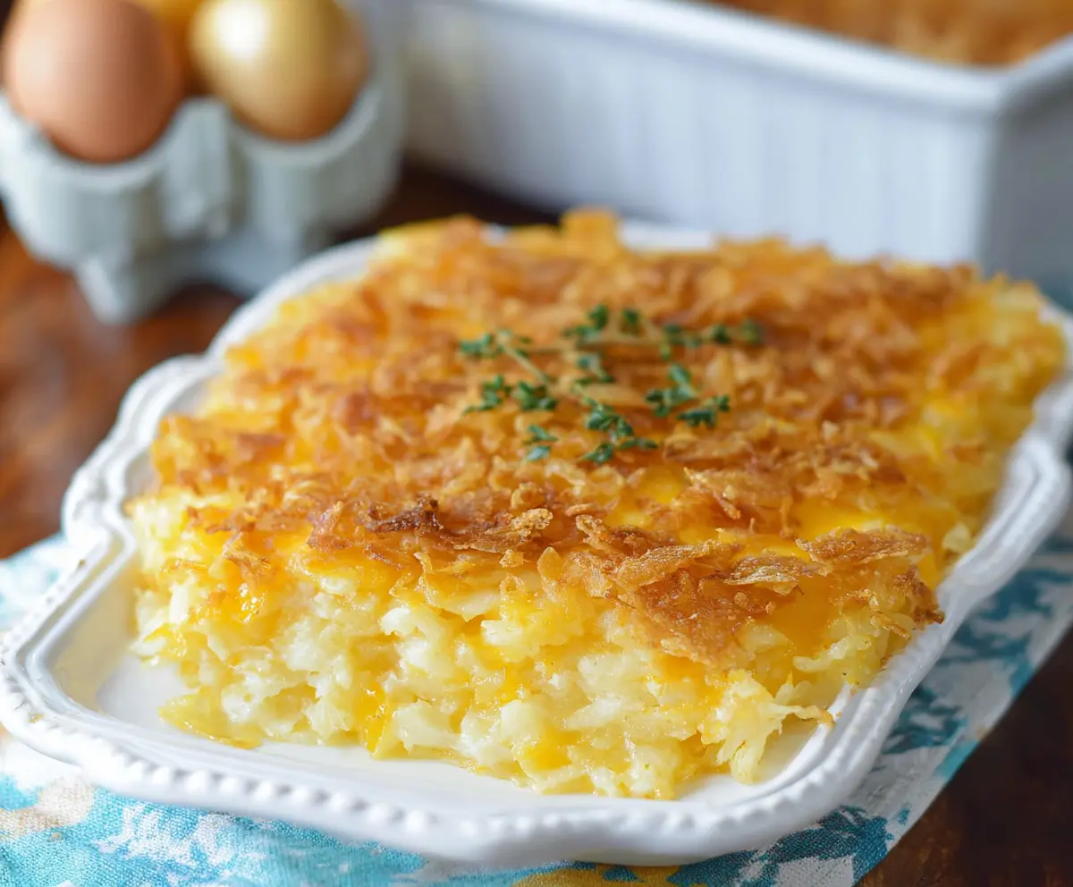 Delicious cheesy hashbrown casserole topped with melted cheese and crispy potatoes, perfect for a cozy family dinner.