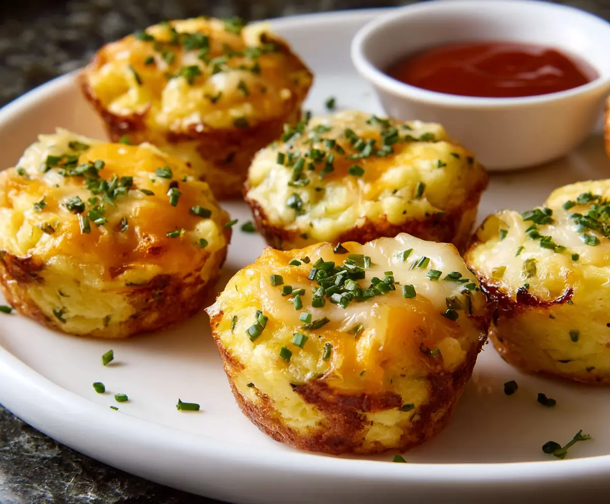 Delicious cheesy mashed potato muffins topped with melted cheese and herbs
