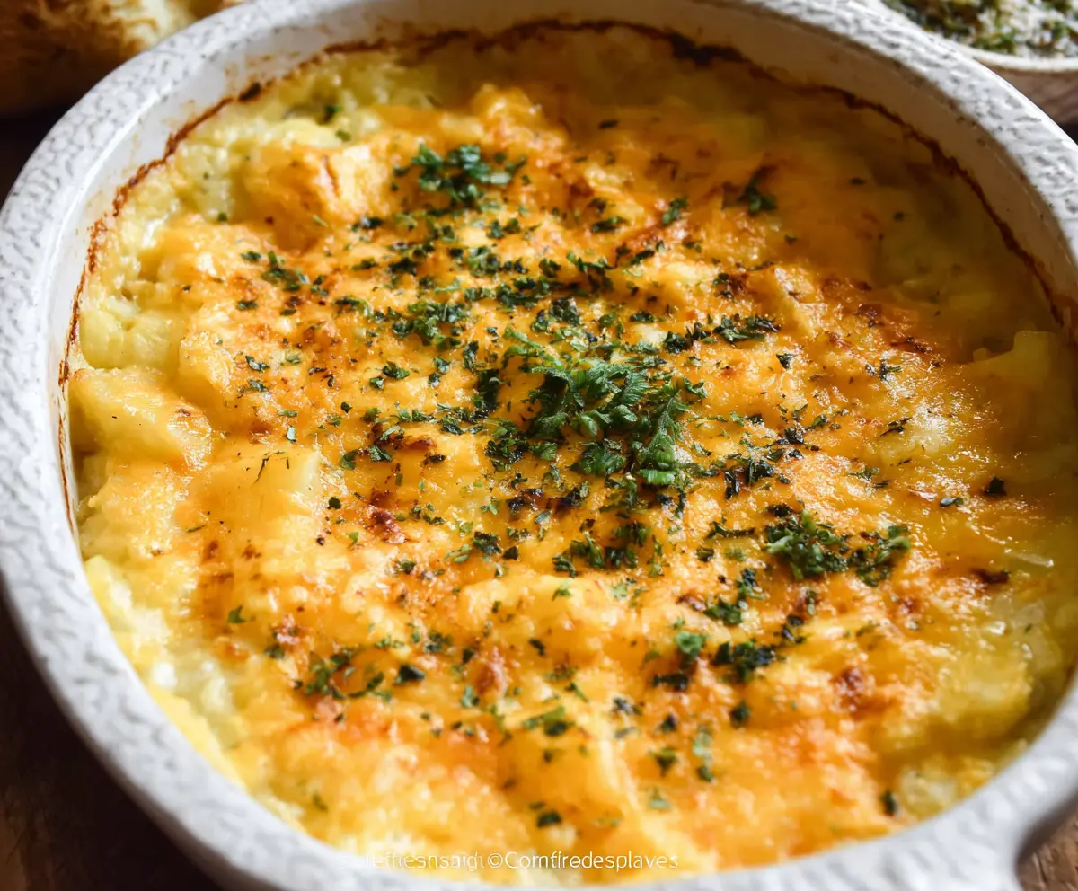 Delicious cheesy potato casserole topped with melted cheese and fresh herbs