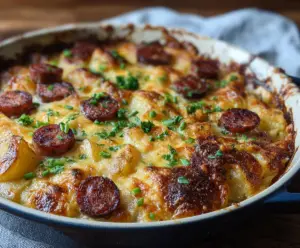 Cheesy ranch potato bake with smoked sausage and melted cheese on a plate.