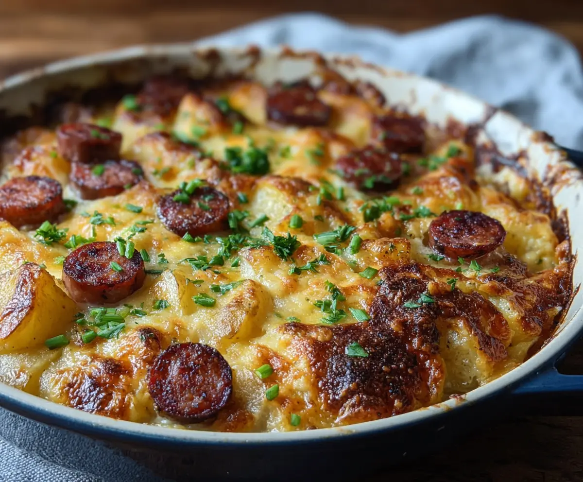 Cheesy ranch potato bake with smoked sausage and melted cheese on a plate.