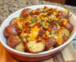 Delicious cheesy red potatoes garnished with herbs served on a plate