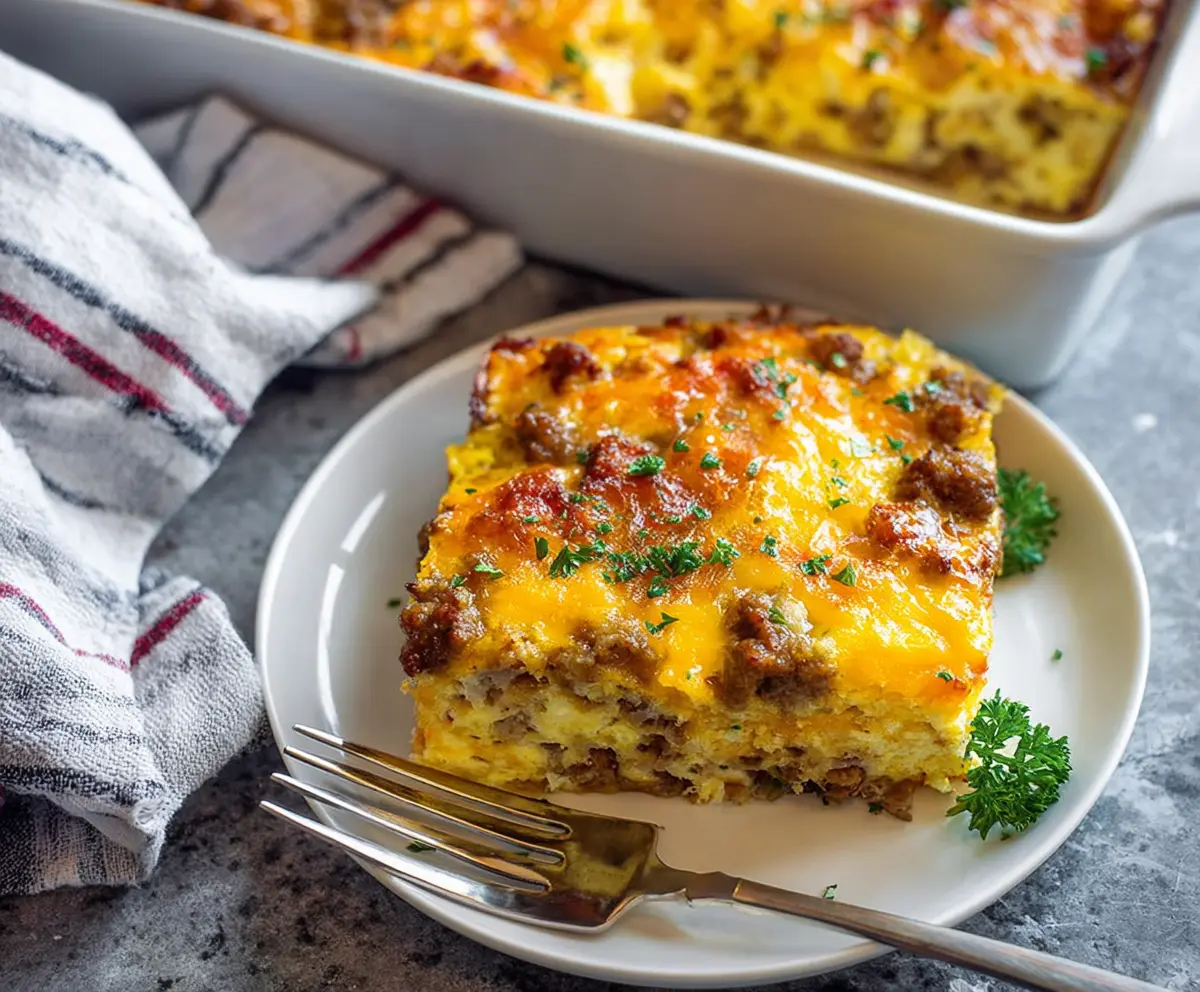 Delicious cheesy sausage breakfast casserole with golden melted cheese and savory sausage pieces.