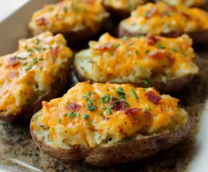 Delicious cheesy twice baked potatoes topped with melted cheese and fresh herbs.