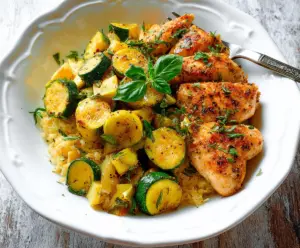 Delicious grilled chicken breast served with fresh zucchini and squash for a healthy dinner.
