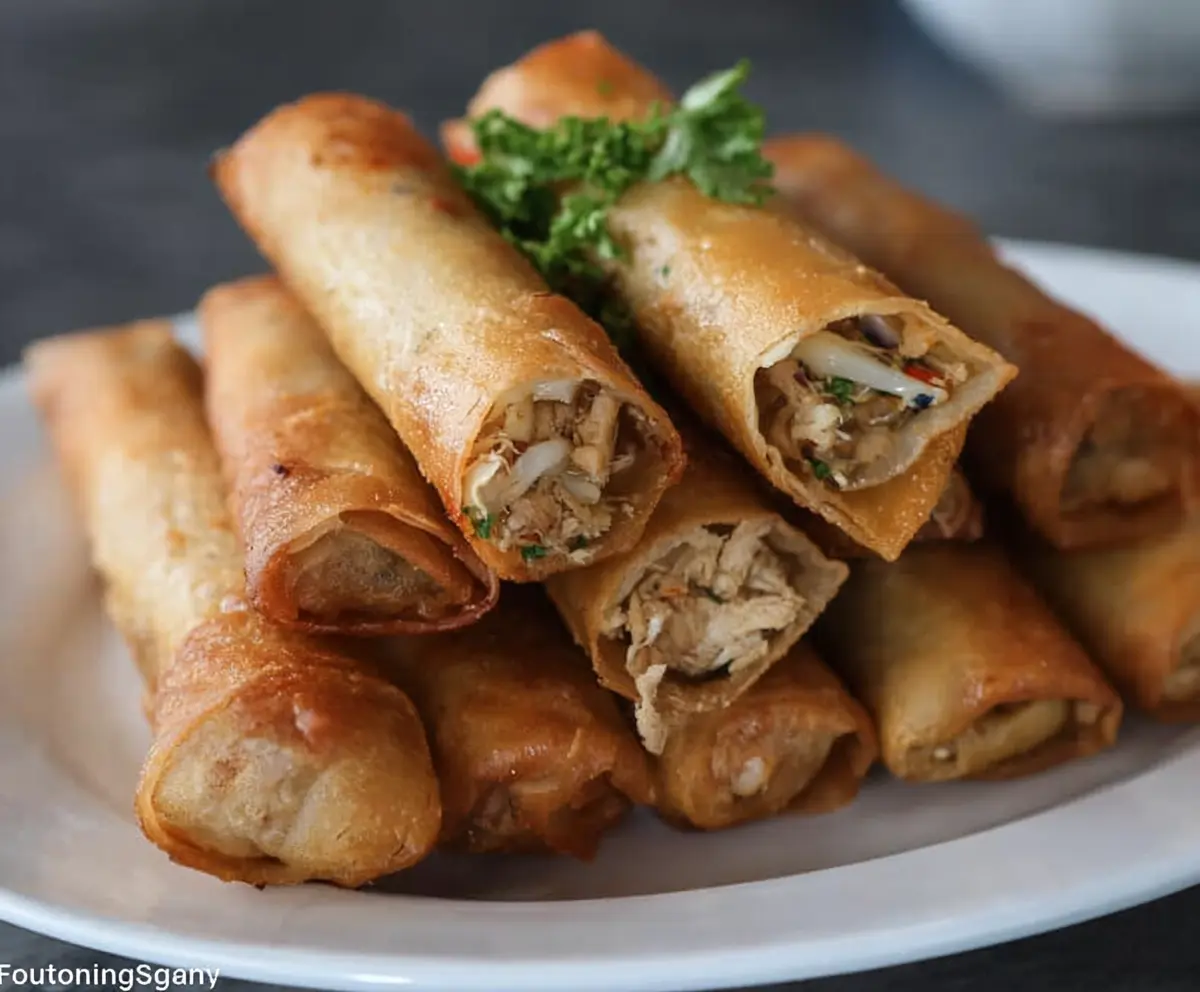 Crispy Chicken Lumpia served with dipping sauce on a plate for an appetizer or snack.