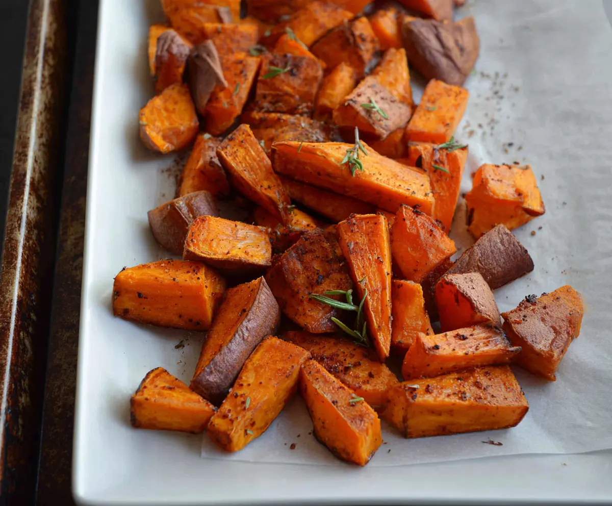 Delicious cinnamon roasted sweet potatoes seasoned and baked to perfection