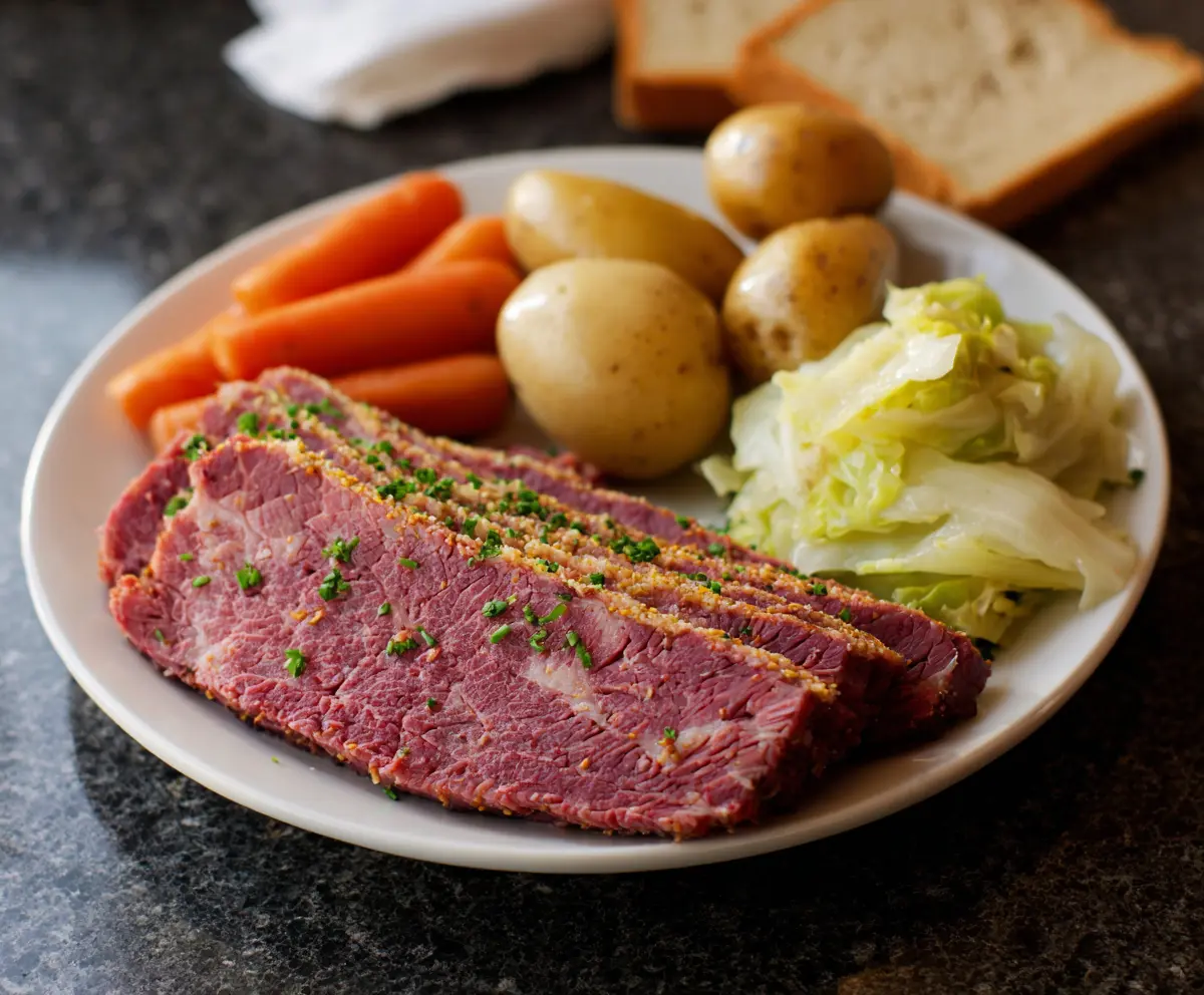 Delicious homemade corned beef and cabbage served on a white plate, perfect for a hearty meal.