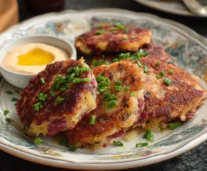 Delicious homemade corned beef and potato cakes served on a plate with fresh herbs.