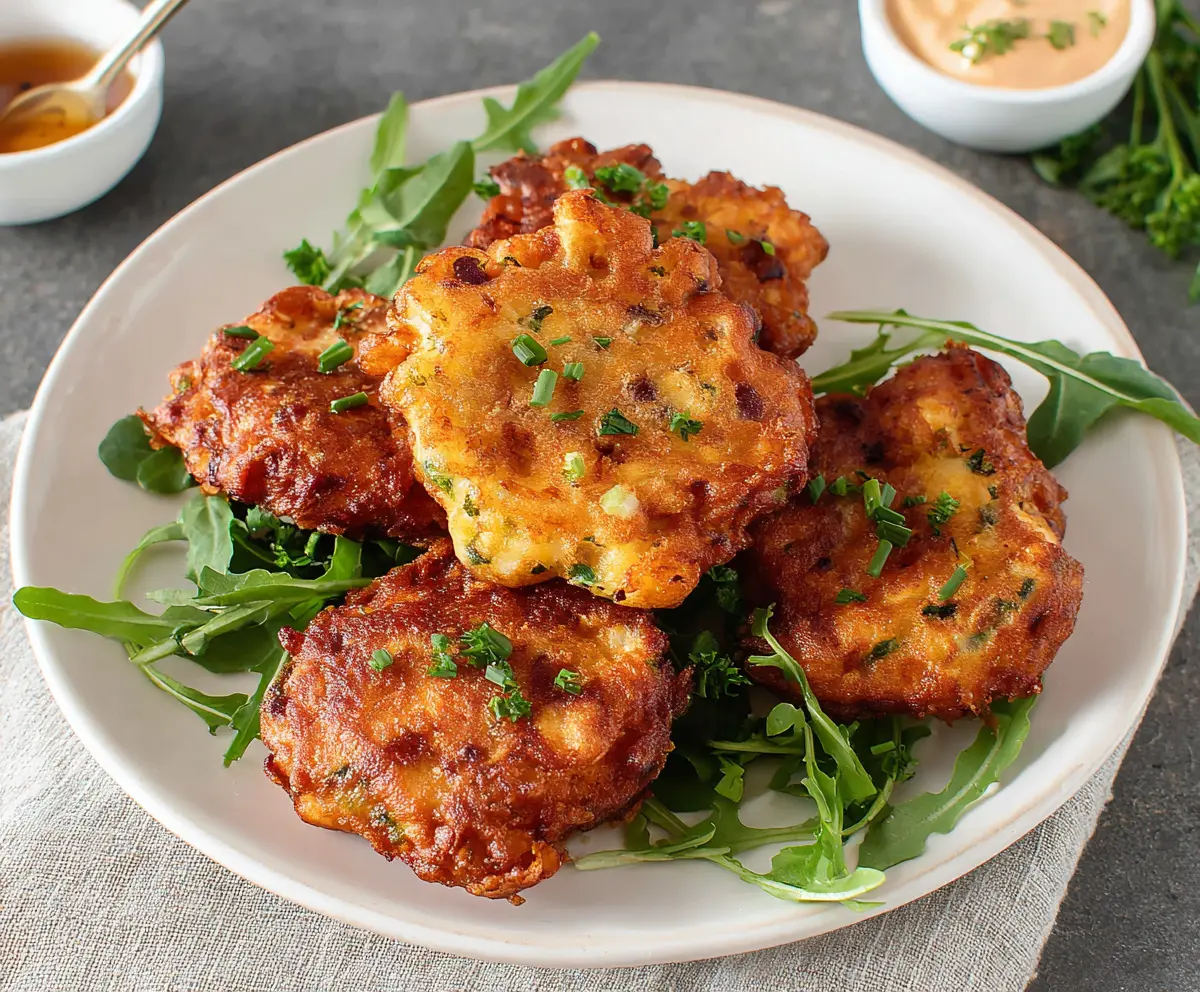Golden crispy Corned Beef Fritters served with dipping sauce on a white plate.